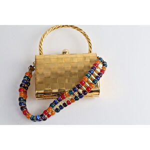 Vintage Metallic Gold Woven Metal Small Handbag w/Multicolor Beaded Strap Purse